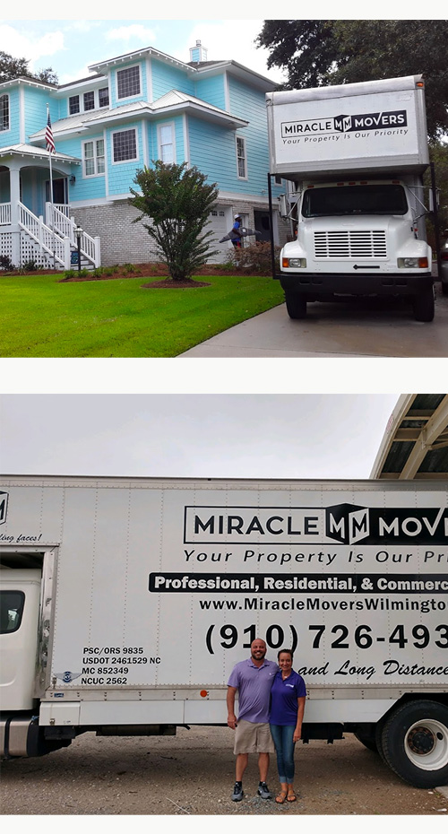 An image of Miracle Movers truck parked in yard of a client